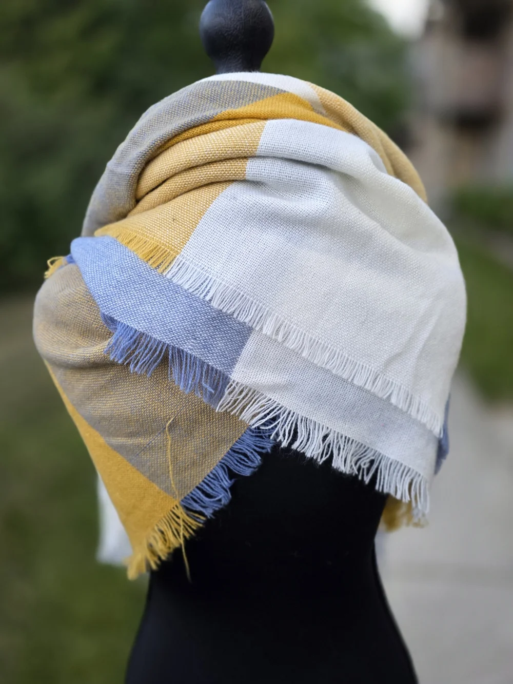 Oversized Mustard Yellow Blue Plaid Blanket Scarf Shawl Wrap